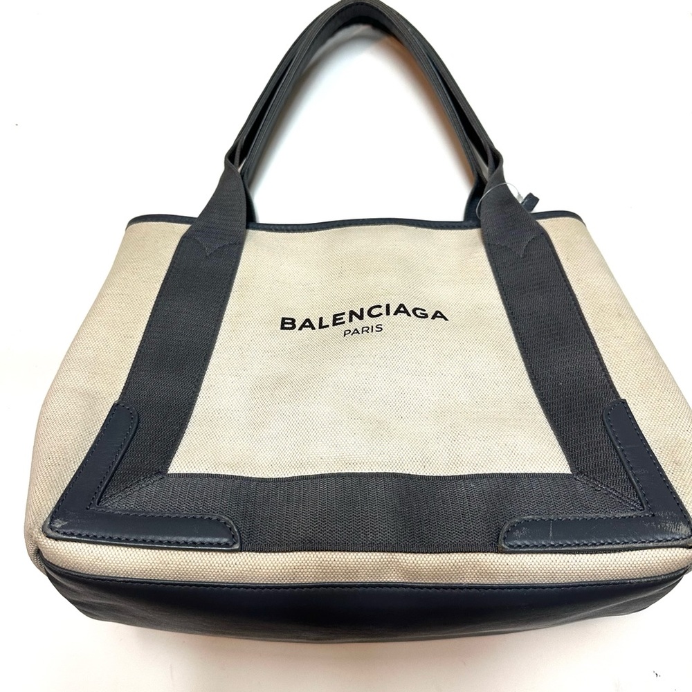 Balenciaga Navy Cabas Canvas Tote in Natural and Black
